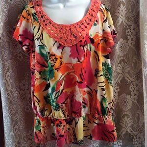 Cato Women's Sz‎ 14-16W top crochet yoke ruffle hem orange yellow tropical print